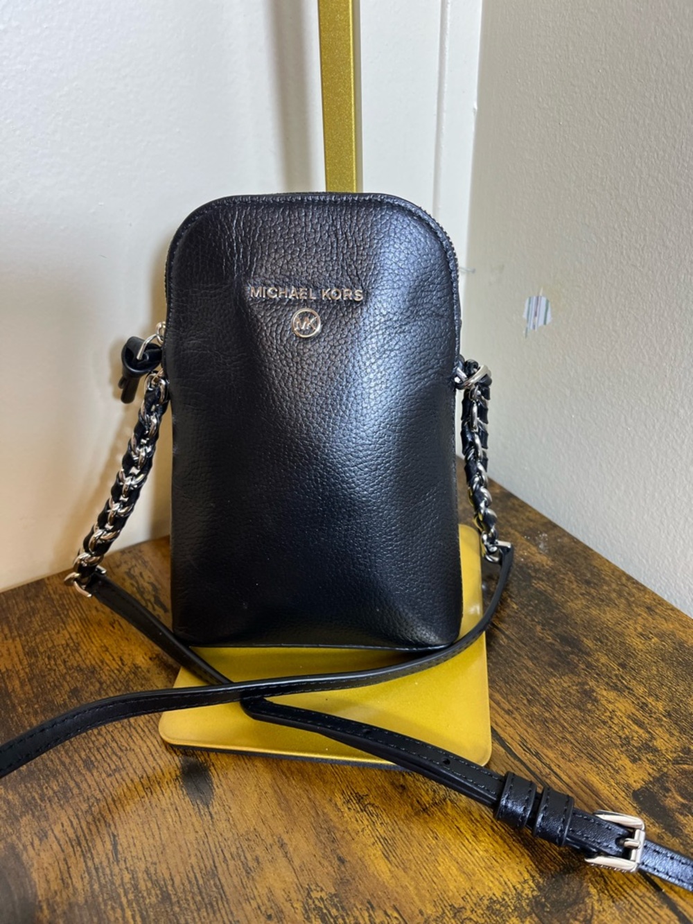 Michael Kors Black Pebbled Leather Chain Strap Phone Pouch